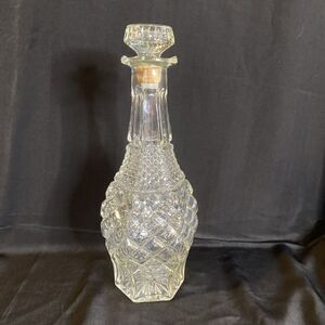 Vintage Cut Glass Decanter w Stopper 13” Tall Diamond Pattern Clear Bar Bottle